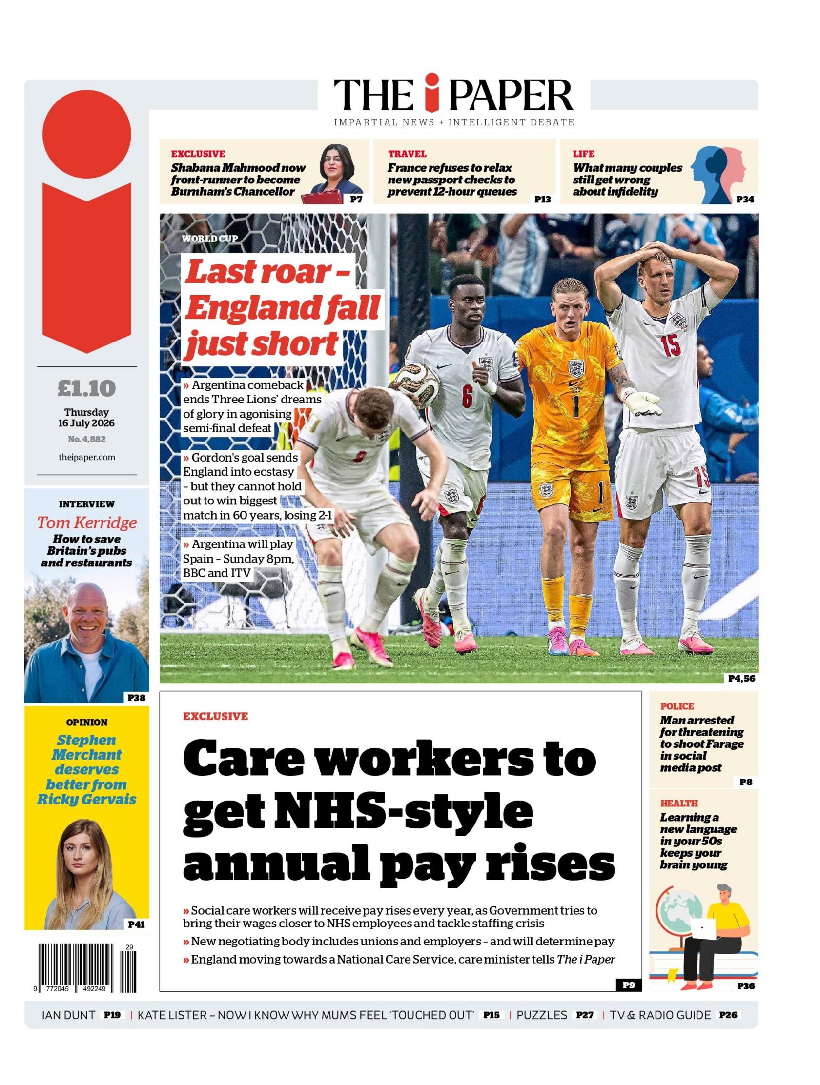 "Care workers to get NHS-style annual pay rises" reads the headline on the front page of the i Paper.