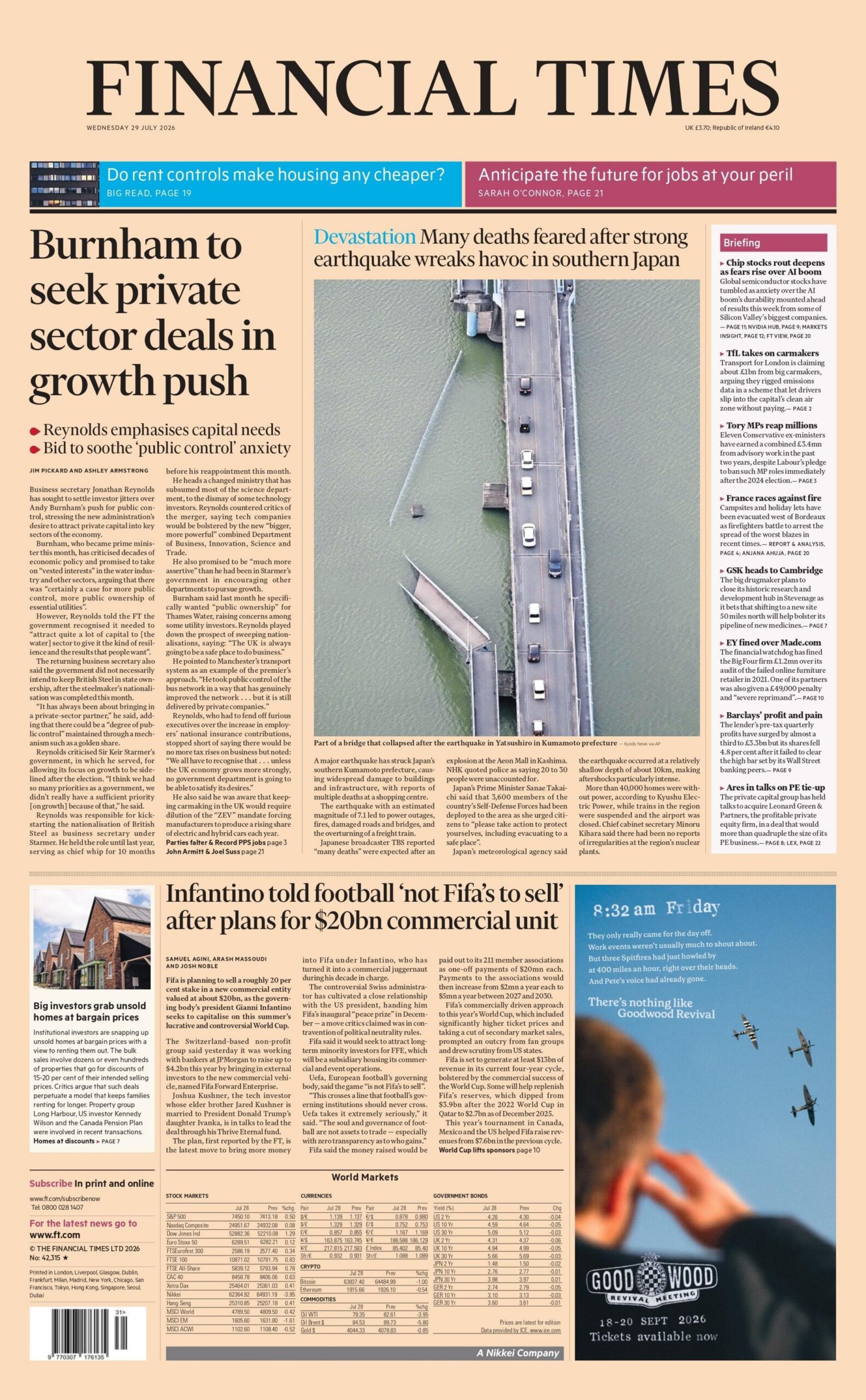 "Burnham to seek private sector deals in growth push," reads the headline on the front page of the Financial Times.
