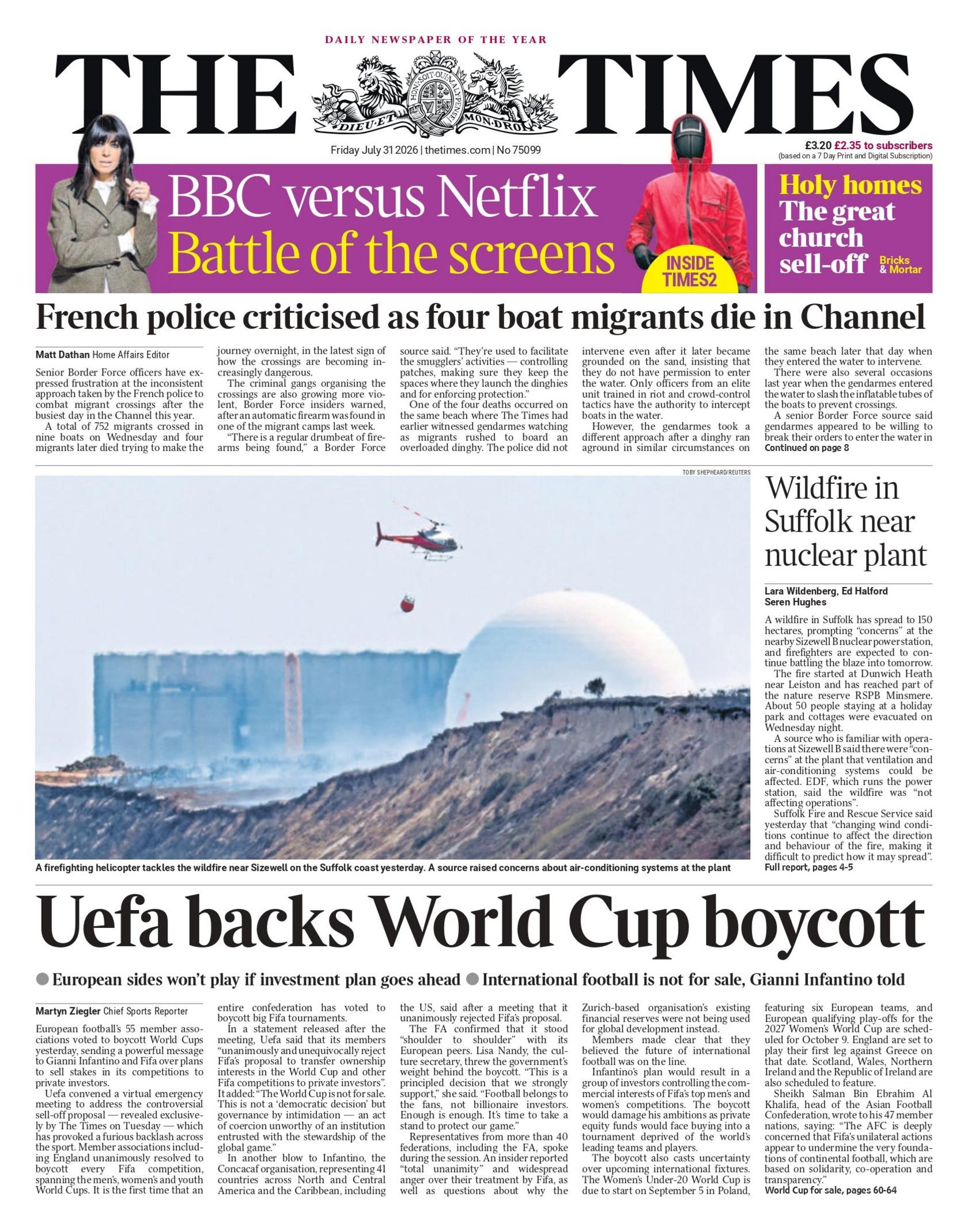 "Uefa backs World Cup boycott," reads the headline on the front page of the Times.