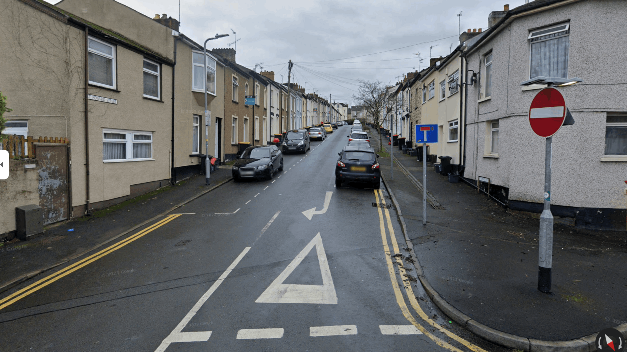 St Edwards Street in Newport with cars parked either side of the road.