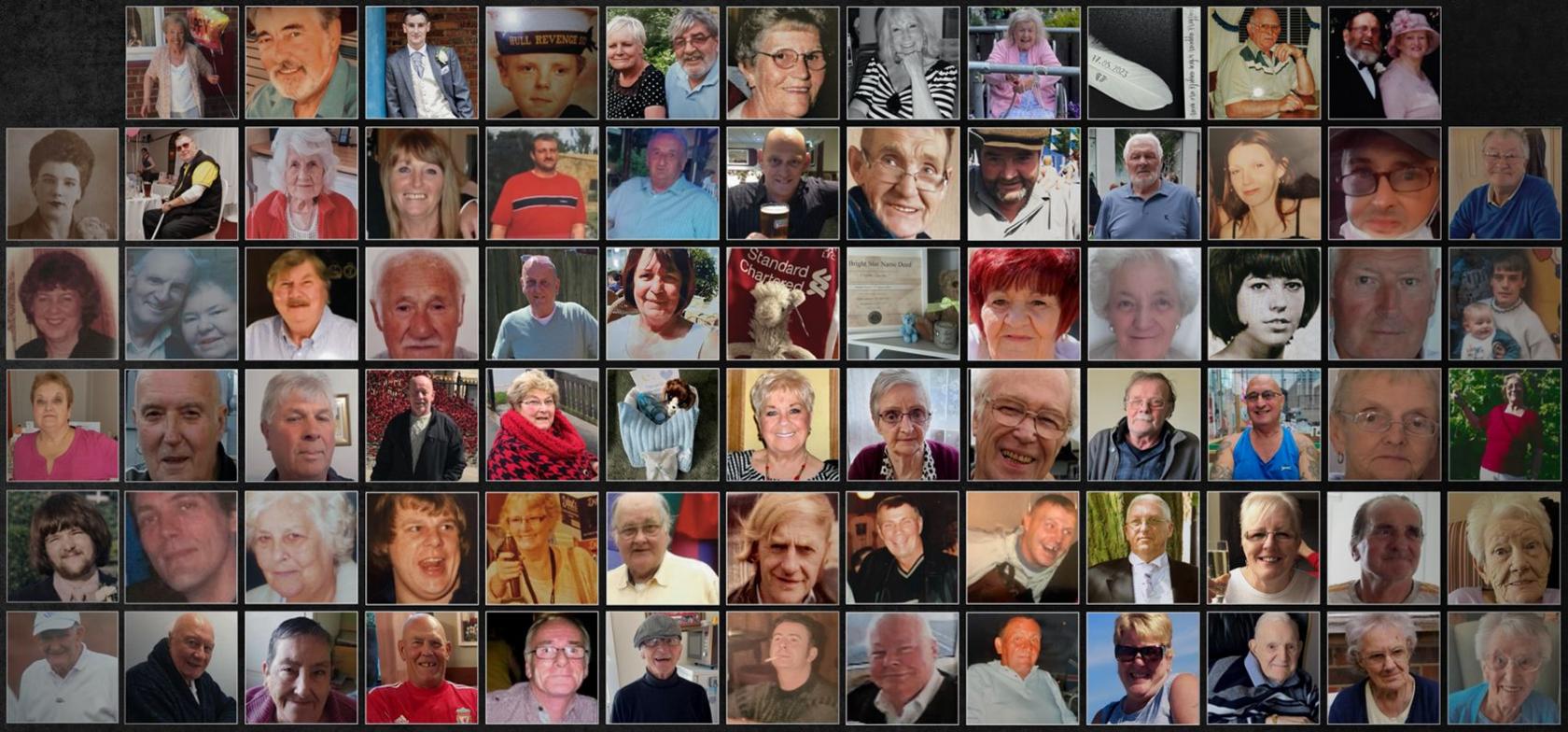 A large collage made up of dozens of individual portrait photographs arranged in a grid. The portraits show men and women of various ages, mostly older adults, each framed separately against different backgrounds. The collage is set on a dark textured background, highlighting the many faces grouped together.