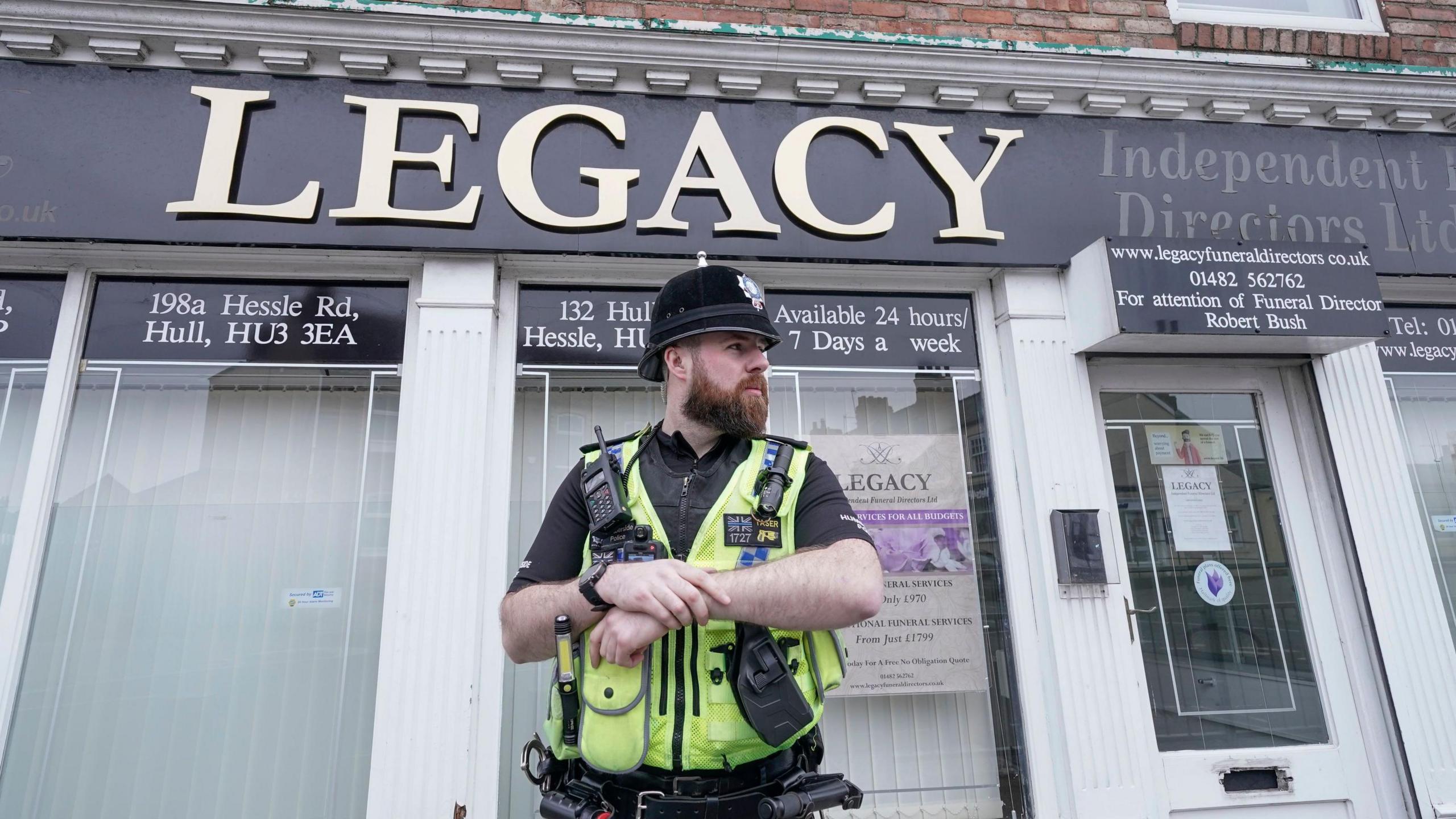 Police outside the Beckside branch of Legacy Independent Funeral Directors in Hull after after reports of "concern for care of the deceased". March 9, 2024
