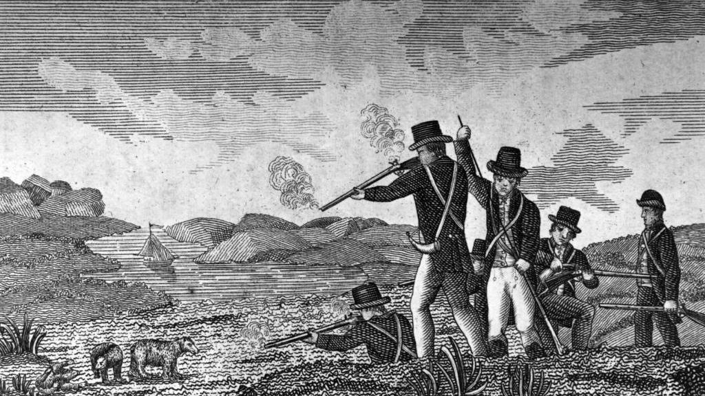 Captain Clark and his men shooting bears. Original Artwork: From 'Journal of Voyages' by Peter Gass - published 1811