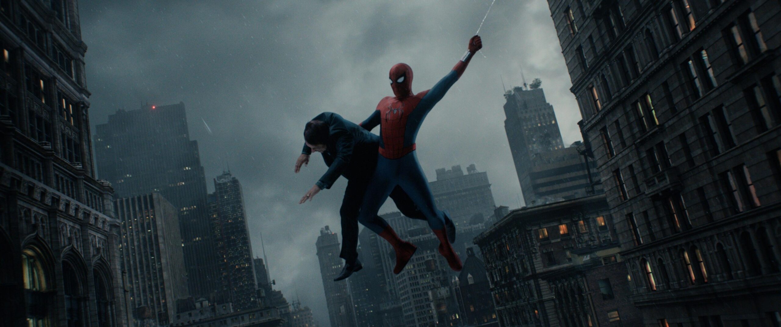 Spider-Man swinging through high-rise buildings, carrying a person over one arm
