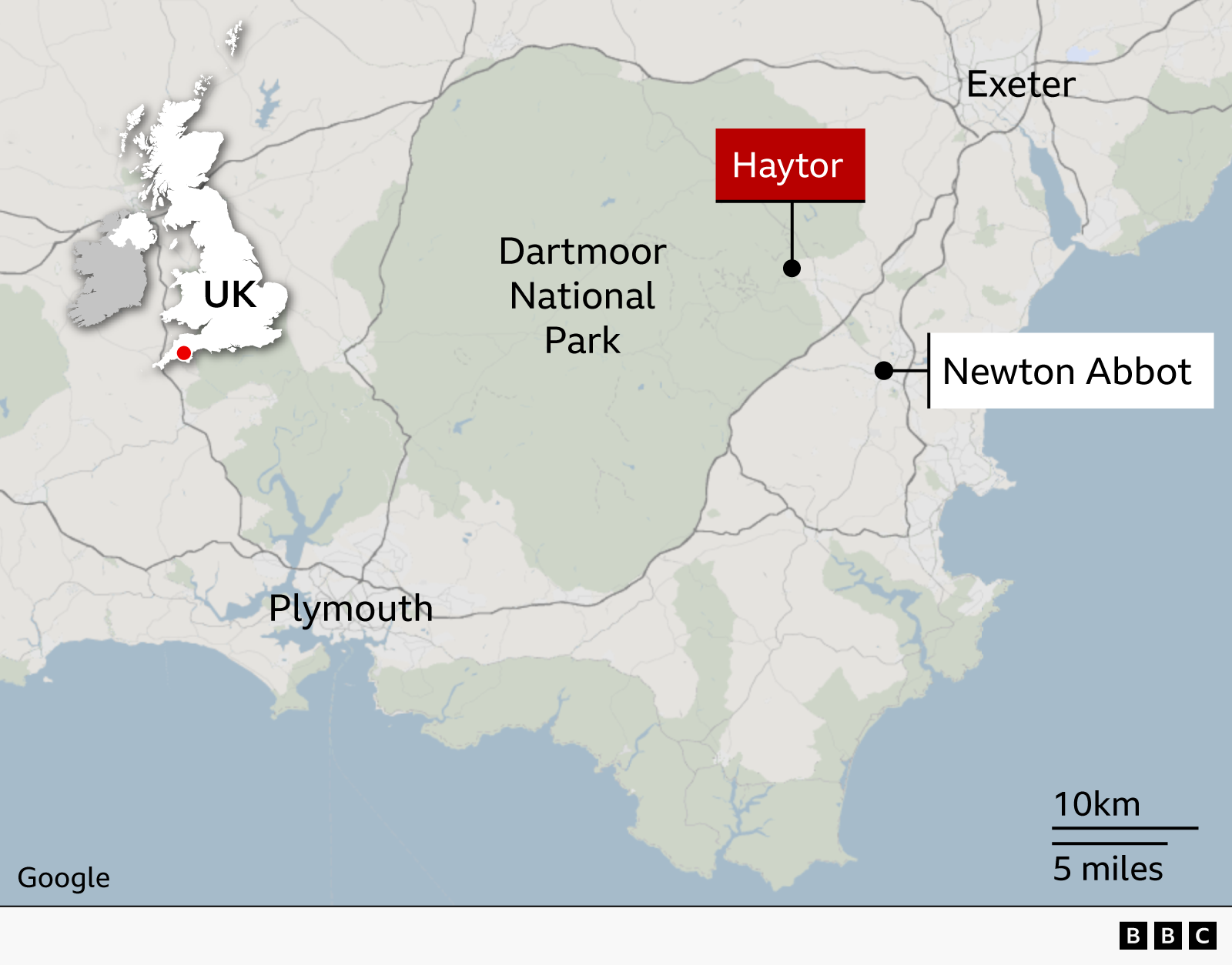 Map of south Devon, England, showing the location of Haytor within Dartmoor National Park. Haytor is marked with a red label in the north-eastern part of the national park. Newton Abbot is labelled to the east, Plymouth is labelled to the south-west, and Exeter is labelled to the north-east. An inset map of the UK on the left highlights the location in south-west England with a red dot.