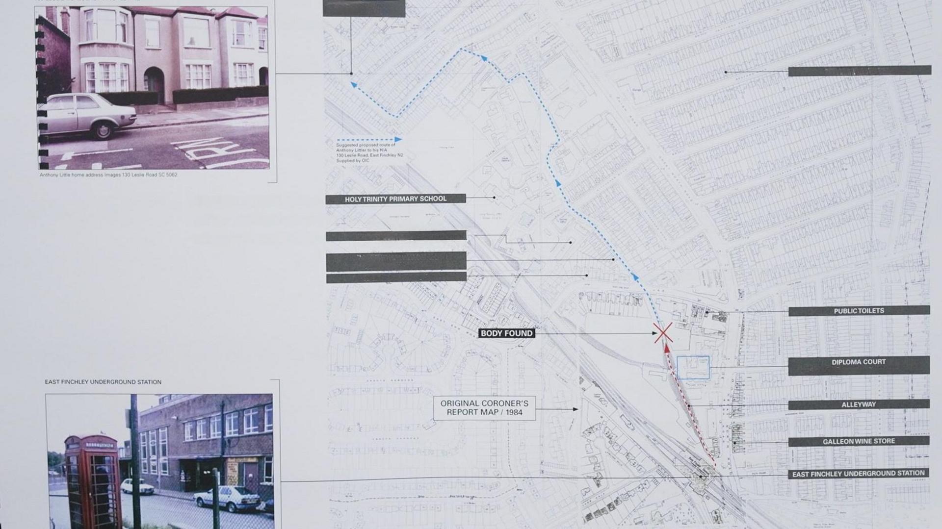 A hand-annotated 1984 Ordnance Survey map of the streets by the police around East Finchley Underground station. A marked point labelled "body found" sits on a footpath, with other locations ringed and a dotted line tracing a route across the map."