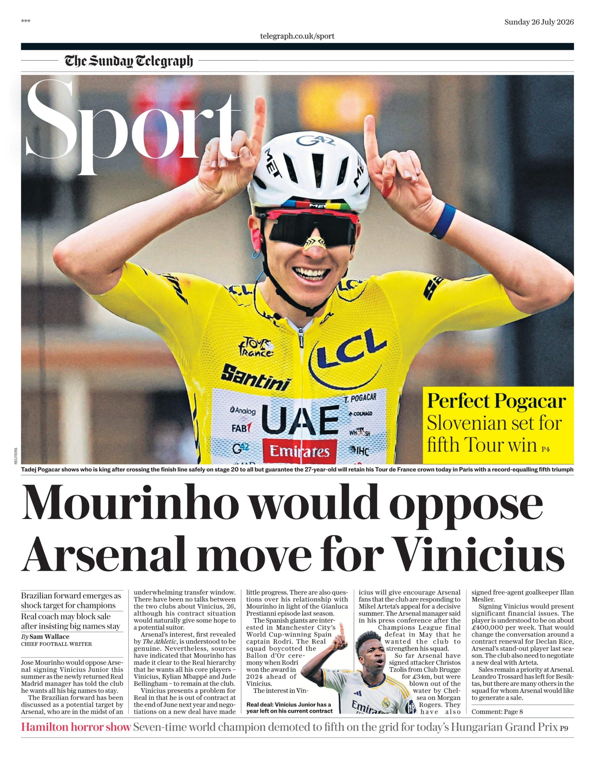 Lead sport page of the Sunday Telegraph on 26 July 2026
