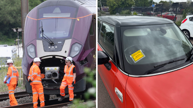 A composite split image of investigators working at the site of a train crash, next to a penalty charge notice on a car windscreen.
