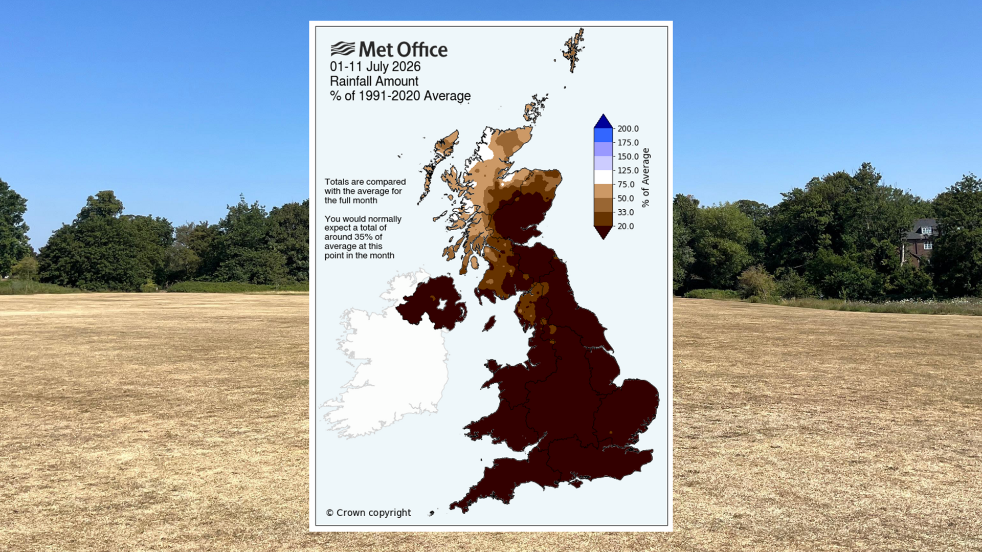 A largely brown coloured map of the UK superimposed on a photo of parched grass