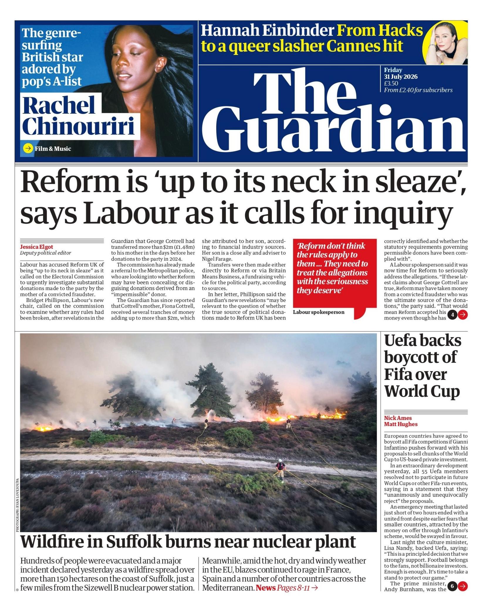 "Wildfire in Suffolk burns near nuclear plant," reads the headline on the front page of the Guardian.