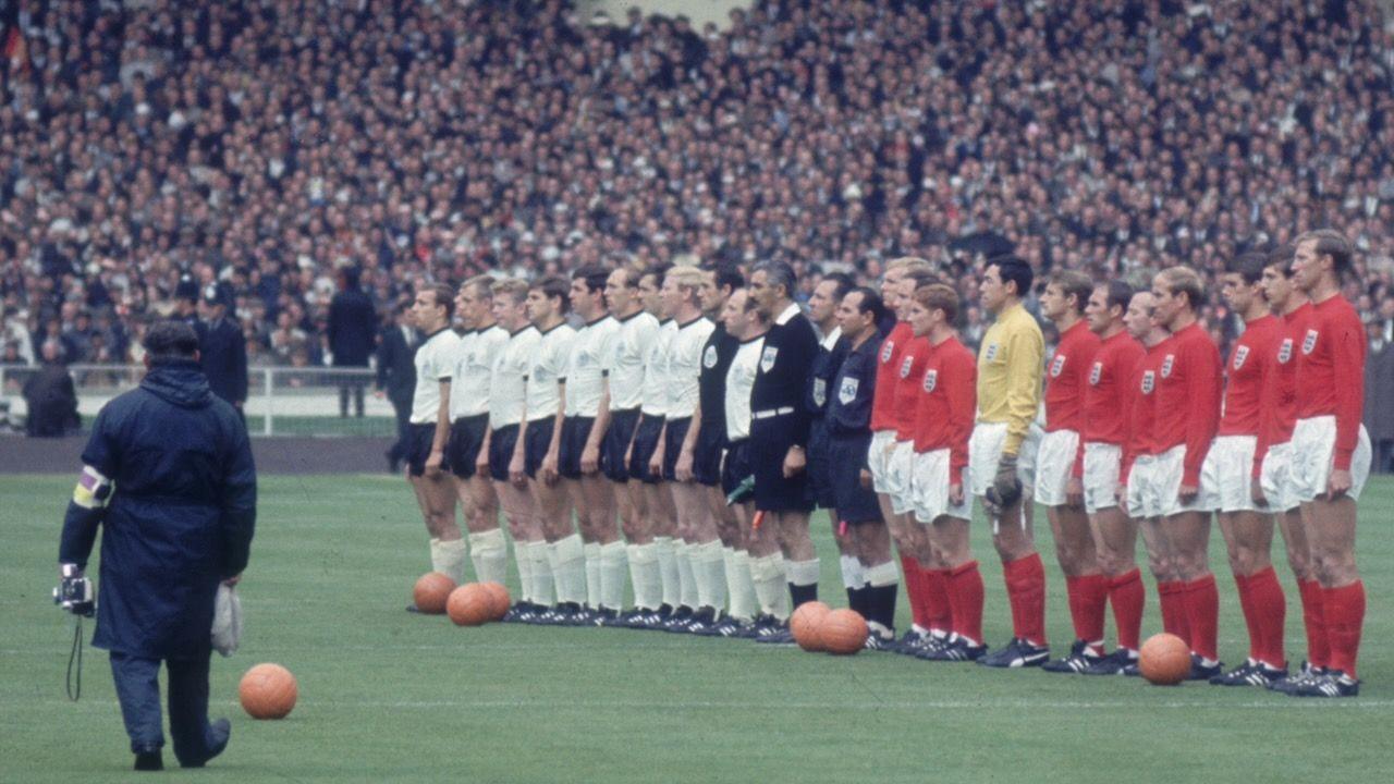 England and Germany line up with match officials before the World Cup Final at Wembley Stadium.