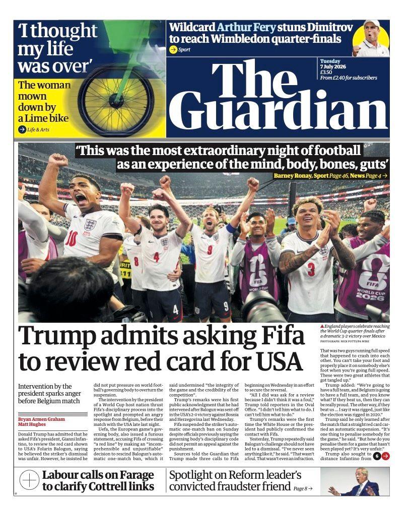 The headline on the front page of the Guardian reads: 'Trump admits asking Fifa to review red card for USA.'