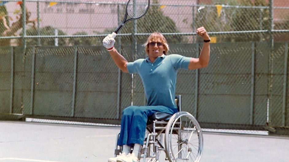 Brad Parks in a hospital wheelchair soon after his accident