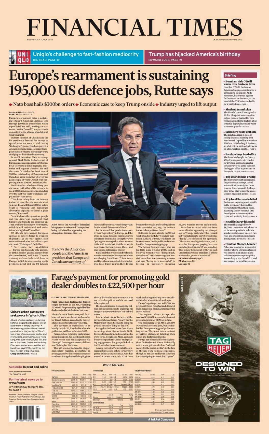"Europe's rearmamaent is sustaining 195,000 US defence jobs, Rutte says" reads the headline on the front page of the Financial Times.