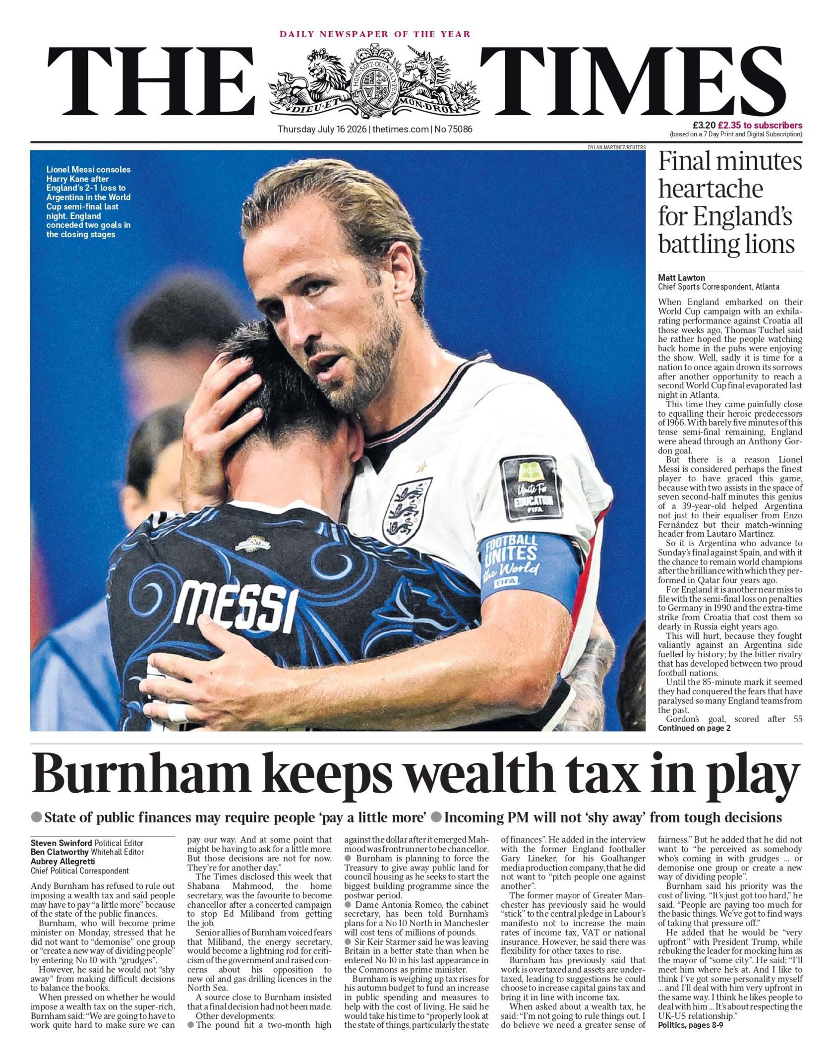 "Burnham keeps wealth tax in play," reads the headline on the front page of the Times.