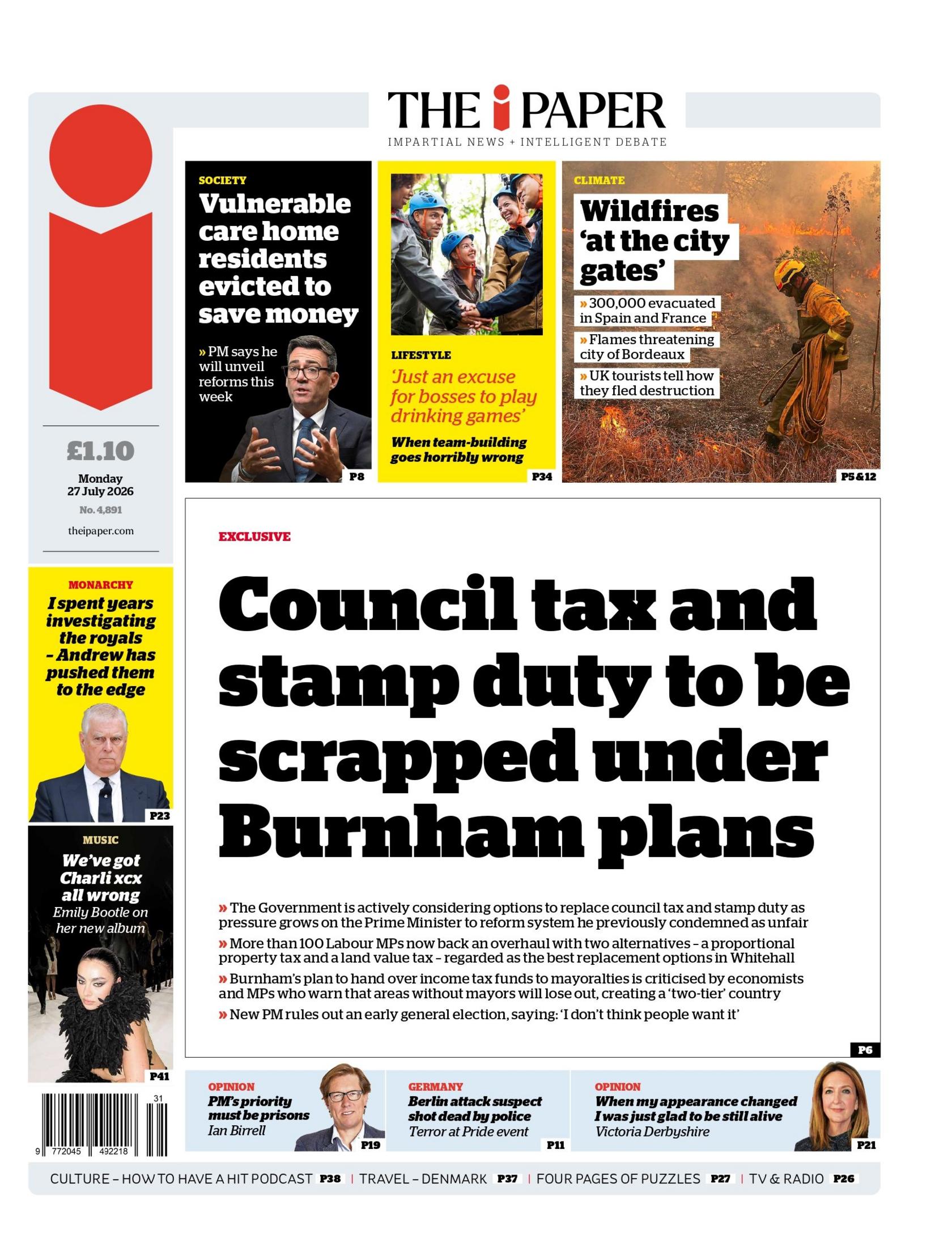 "Council tax and stamp duty to be scrapped under Burnham plans," reads the headline on the front page of the i Paper.
