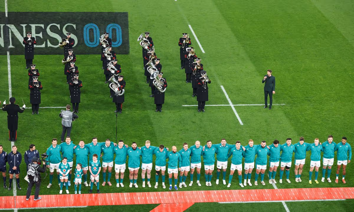 A view of the Ireland team lined up for the national anthems