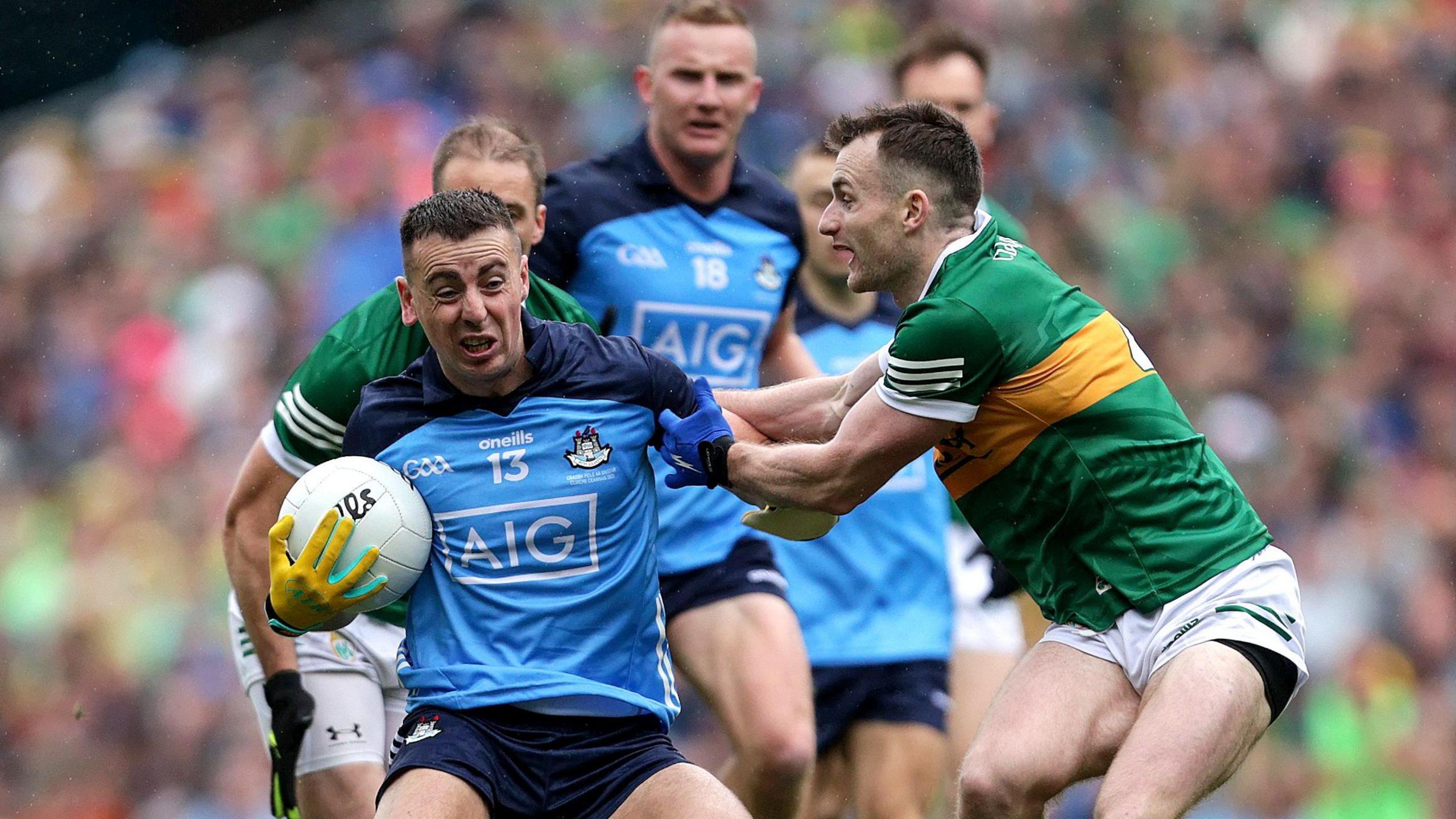 Dublin's Cormac Costello is challenged by Stephen O'Brien during the 2023 All-Ireland SFC final