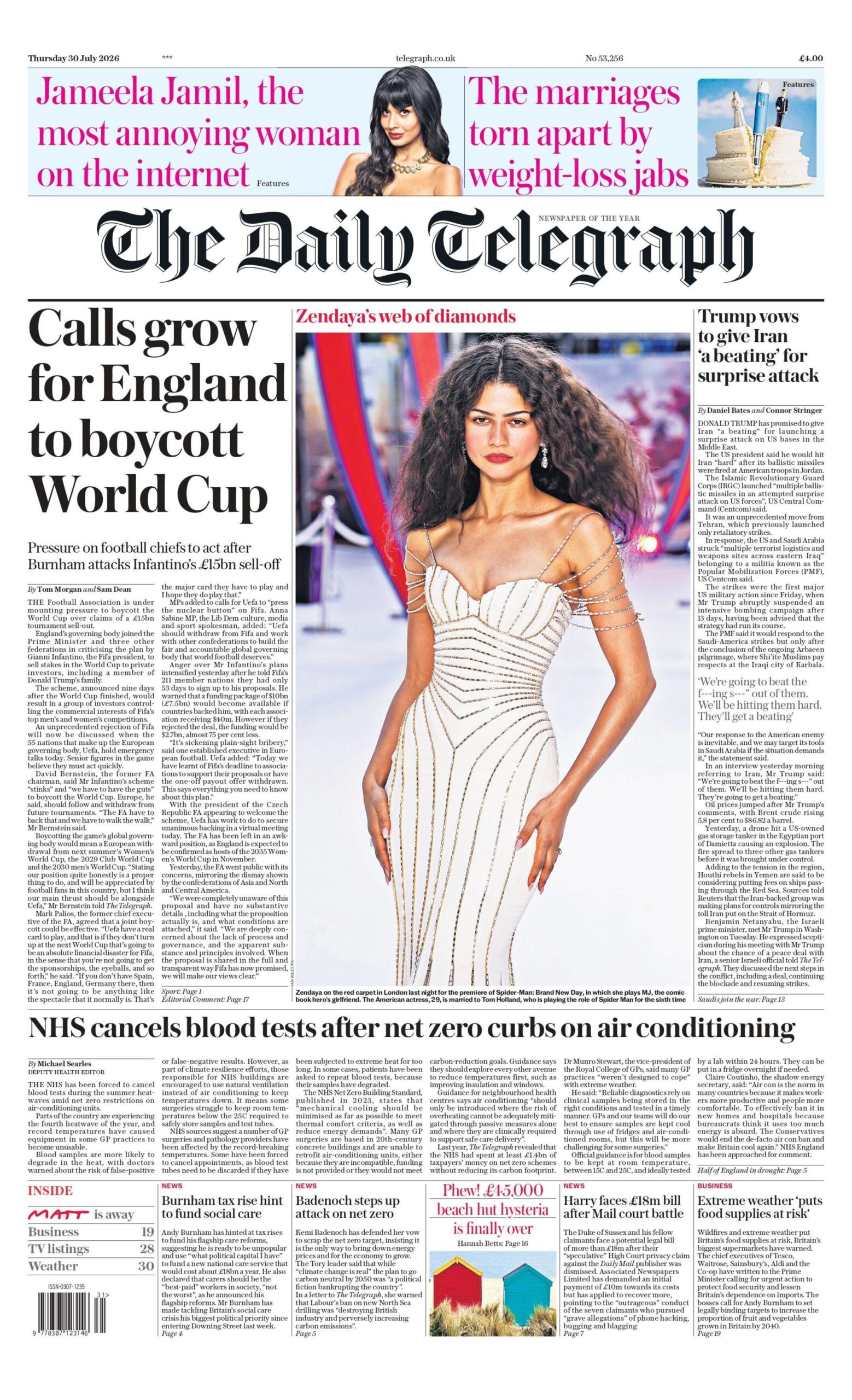 "Calls grow for England to boycott World Cup," reads the headline on the front page of the Daily Telegraph.