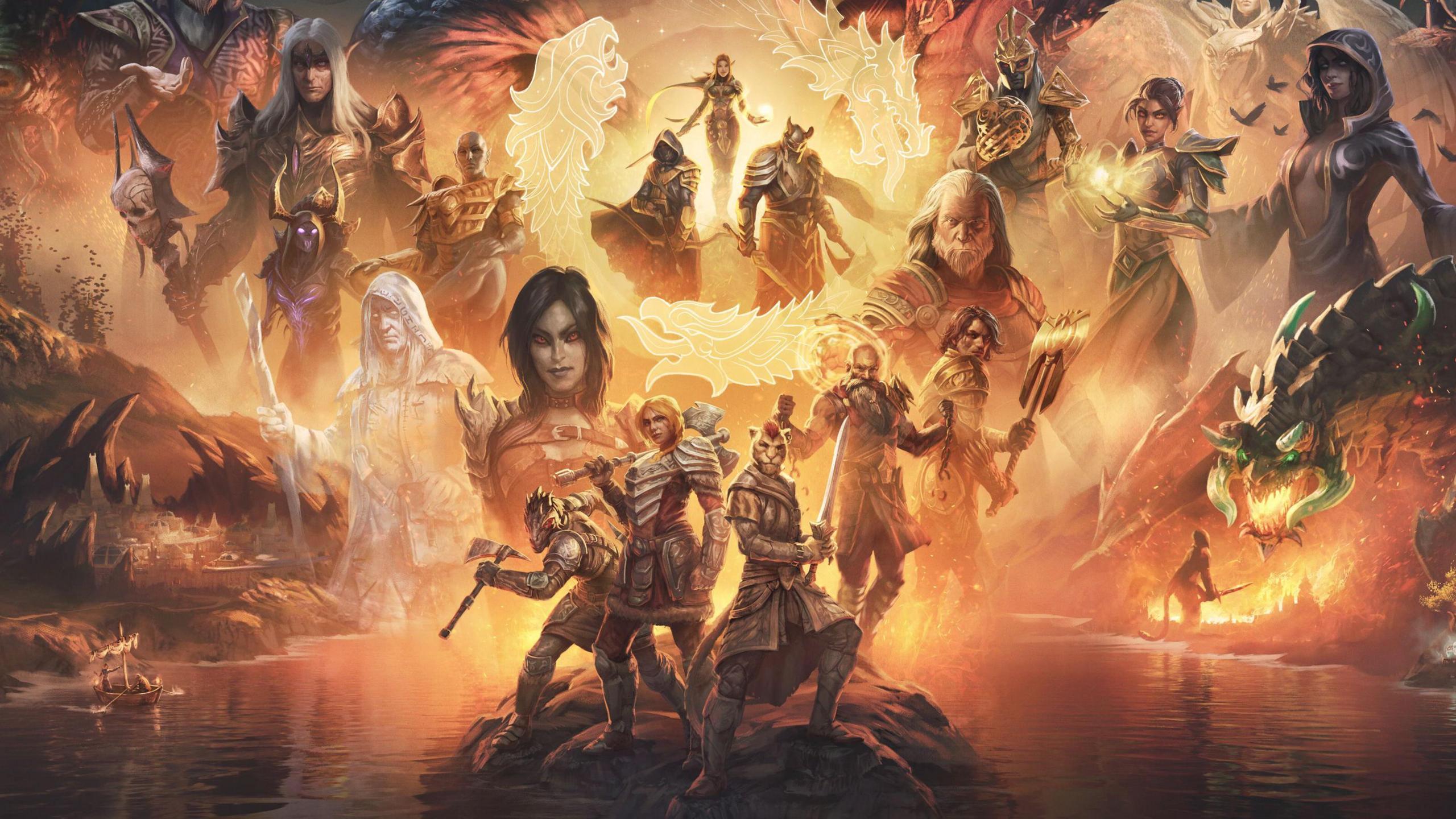 Artwork shows more than a dozen characters from the Elder Scrolls Online universe. Four of them stand at the front of the picture on a rock in the middle of a lack. They are surrounded by larger-than-life renderings of other characters, including knights, wizards, mages and warriors in various heroic poses.