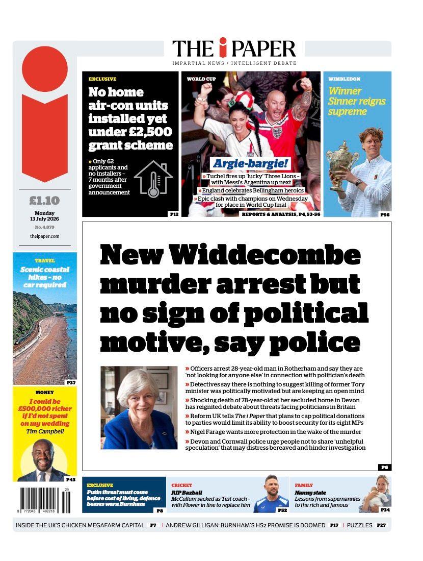 "New Widdecombe murder arrest but no sign of political motive, say police" reads the headline on the front page of The i Paper.