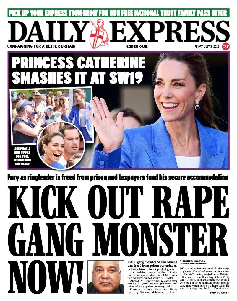 "Kick out rape gang monster now!" reads the headline on the front page of the Daily Express.