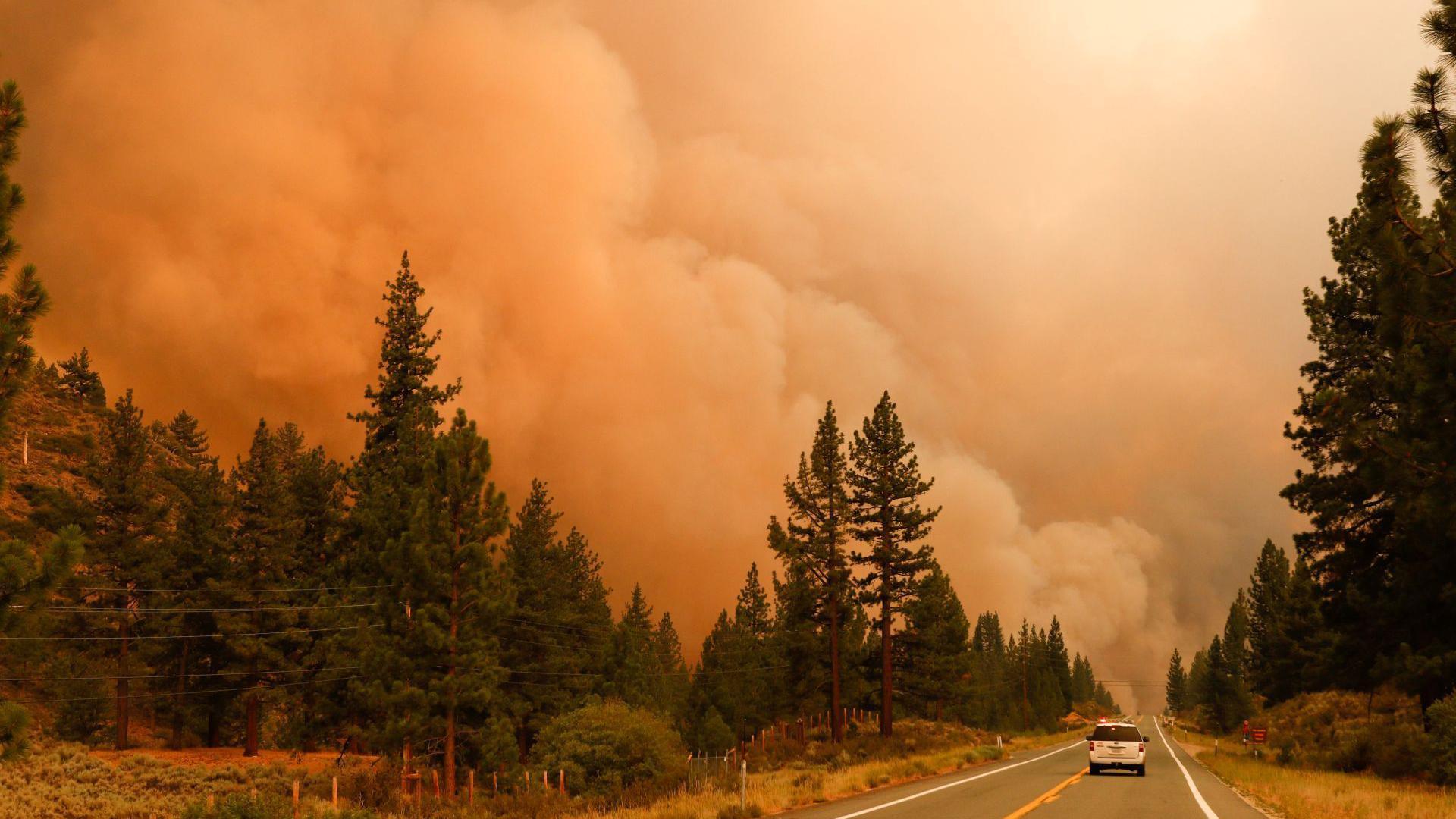 A car driving down a road towards huge clouds of smoke as fires burned in Markleeville, California
