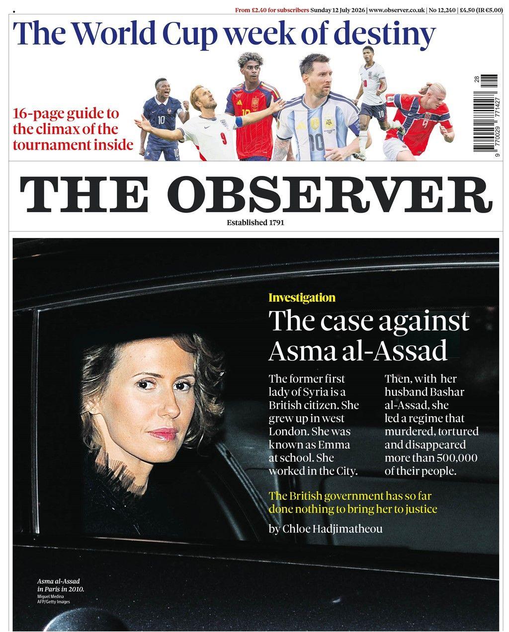 "The case against Asma al-Assad," reads the headline on the front page of the Observer.