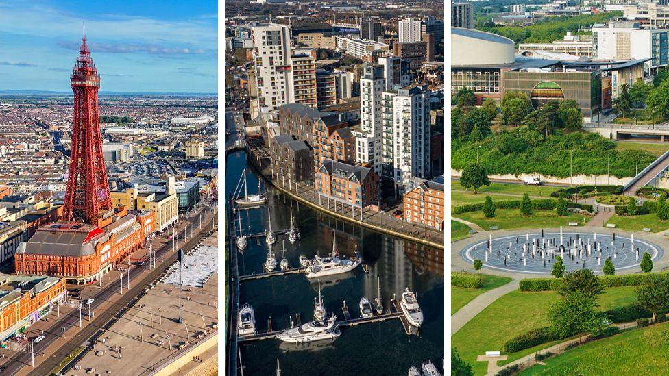 A composite image of three stock photos shows on the left the Blackpool Tower against a backdrop of the city skyline, in the middle a view of the Ipswich Waterfront with yachts and small boats floating on the river in front of buildings next to the water, and on the right an aerial view of the Milton Keynes Rose - a circular park feature with stones in the middle - against the backdrop of buildings in Milton Keynes.