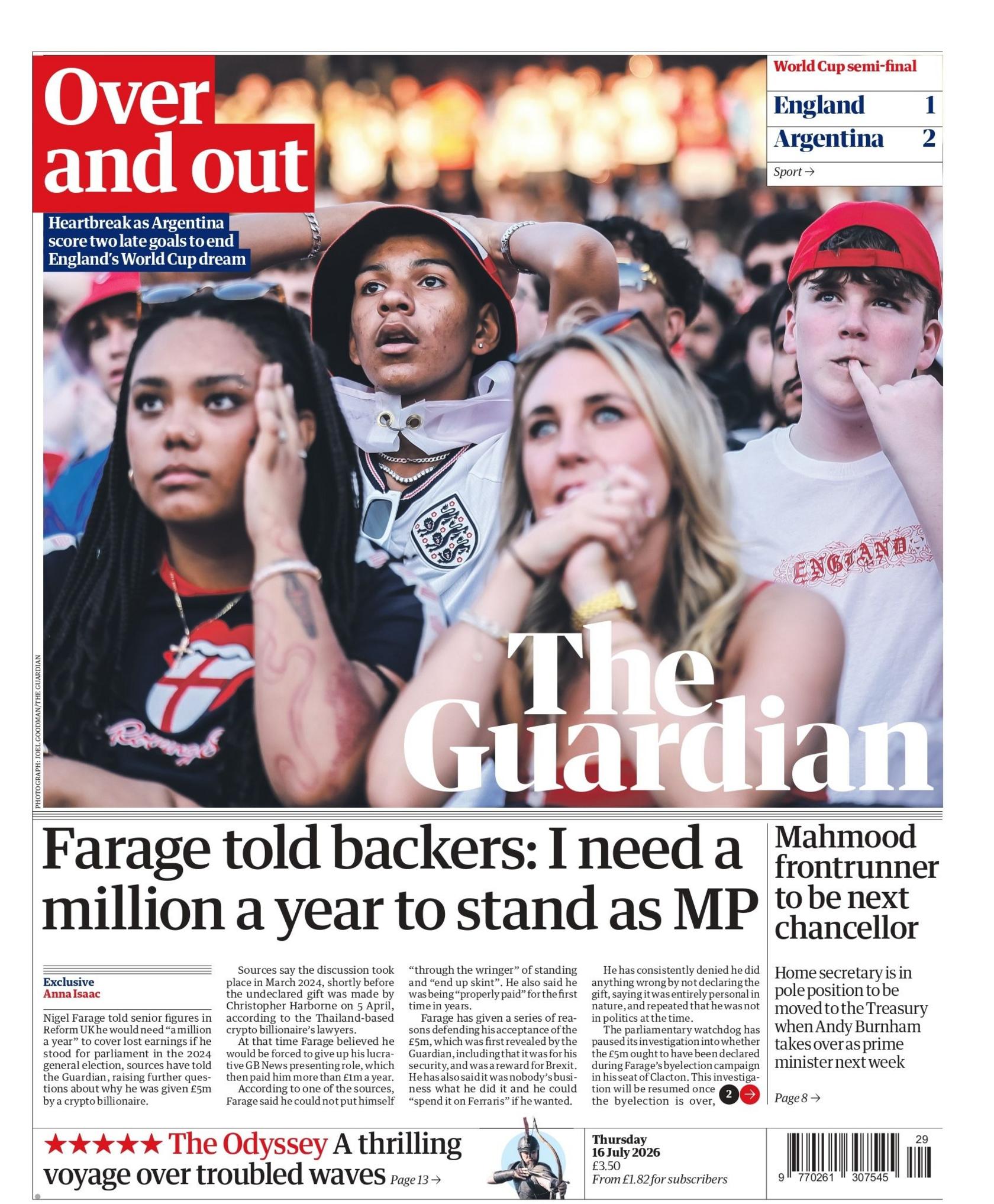 The headline on the front page of the Guardian reads: "Over and out".