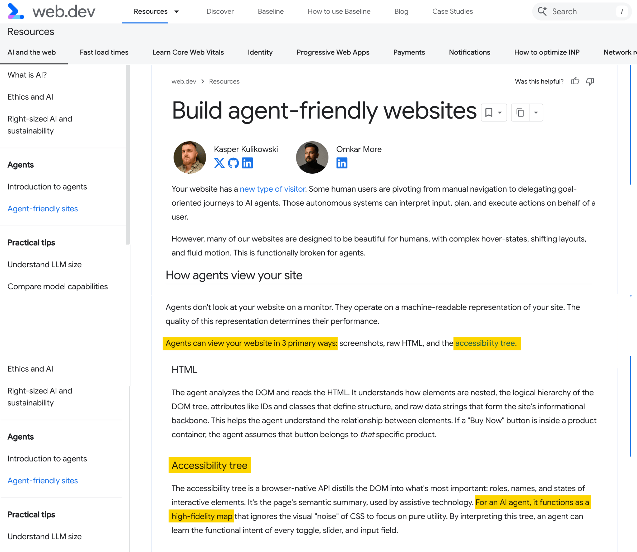 A web.dev article titled "Build agent-friendly websites," detailing how AI agents interact with websites.