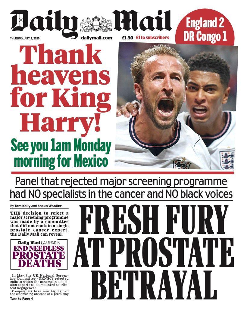 "Fresh fury at prostate betrayal" reads the headline on the front page of the Daily Mail.