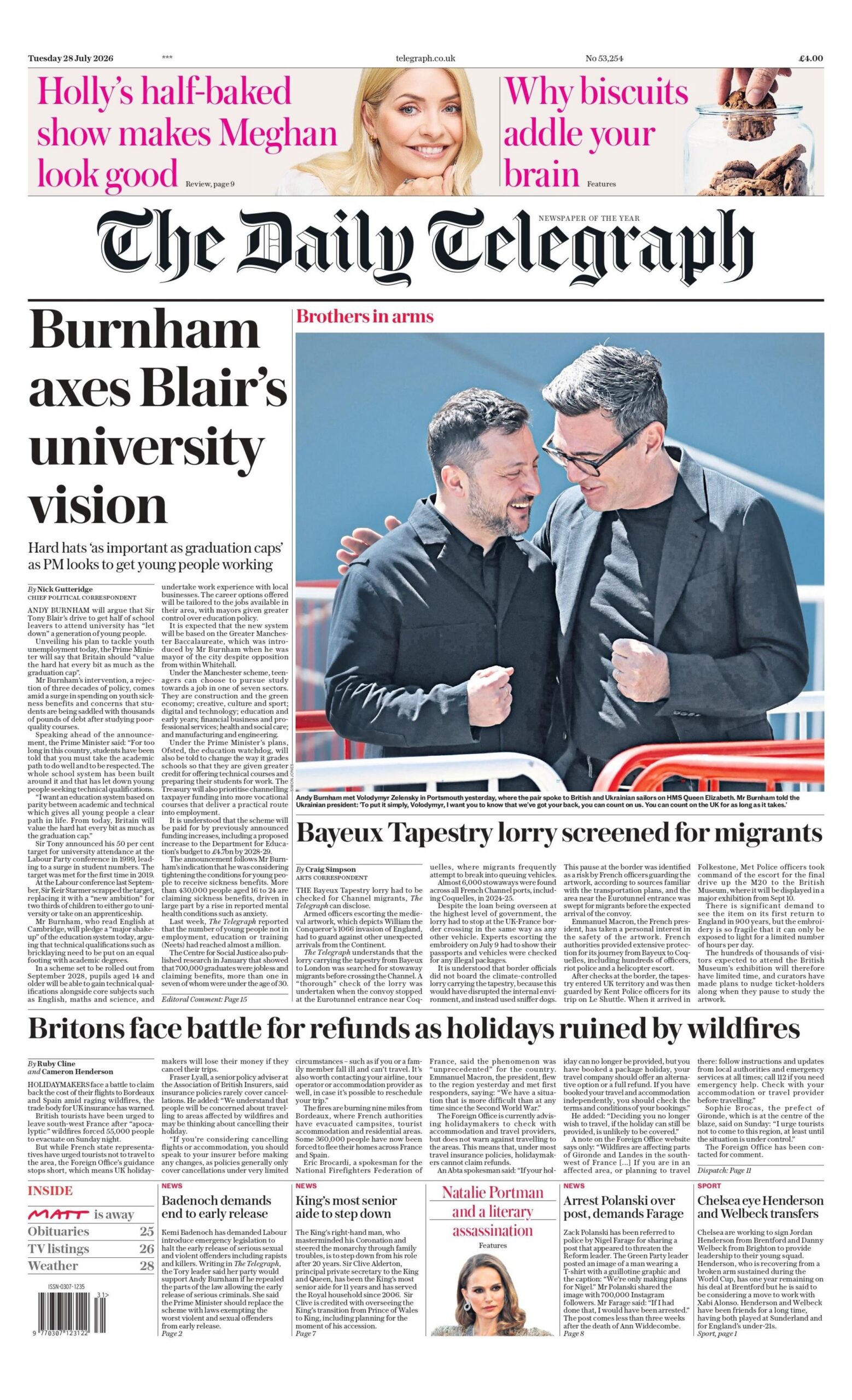 "Burnham axes Blair's university vision," reads the headline on the front page of the Daily Telegraph.