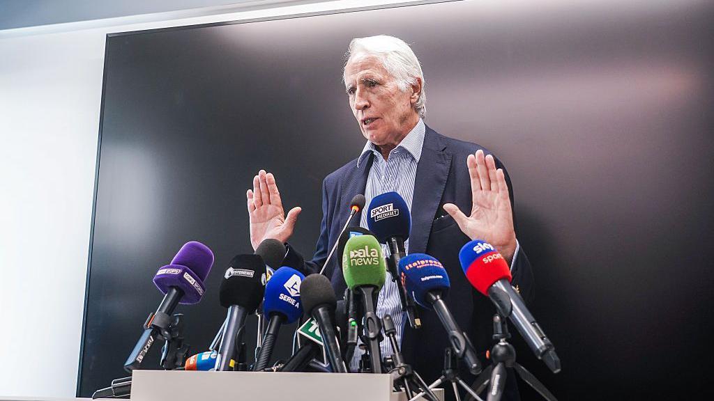 Italian FIGC president Giovanni Malago talks at a media conference to announce the appointments of Paolo Maldini and Leonardo