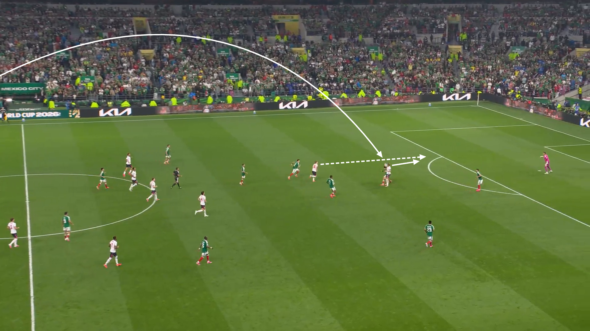 Screengrab showing Anthony Gordon's run off Harry Kane to win a penalty for England against Mexico