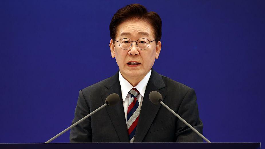 South Korean President Lee Jae Myung speaking during a news conference at the presidential Blue House in Seoul