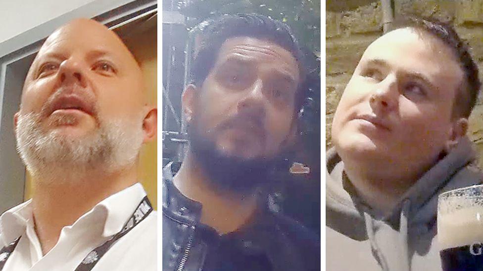 A composite image of hidden camera stills showing three people: from the left, Sgt Joe McIlvenny, a man with a shaven head and a grey beard, wearing a police uniform and a lanyard round his neck; PC Martin Borg, a man with dark hair and a dark beard, wearing a leather jacket; and PC Phil Neilson, a man with short brown hair wearing a grey hoodie in a pub with a pint of Guinness in front of him.
