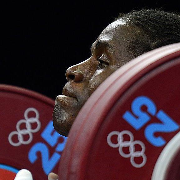 Madias Ngake weightlifting at the London 2012 Olympics