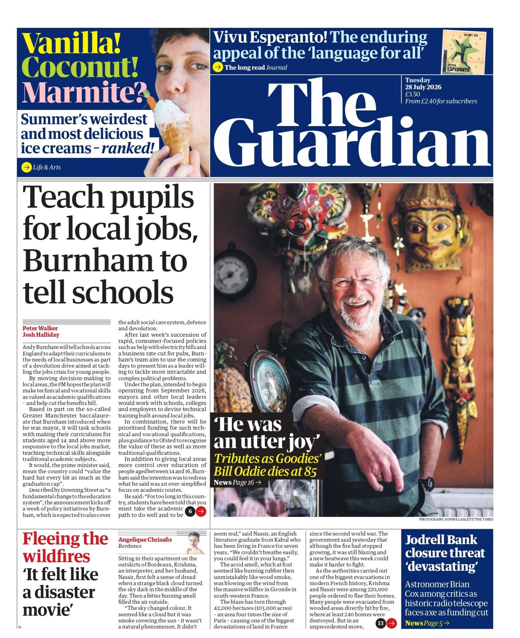 "Teach pupils for local jobs, Burnham to tell schools," reads the headline on the front page of the Guardian.