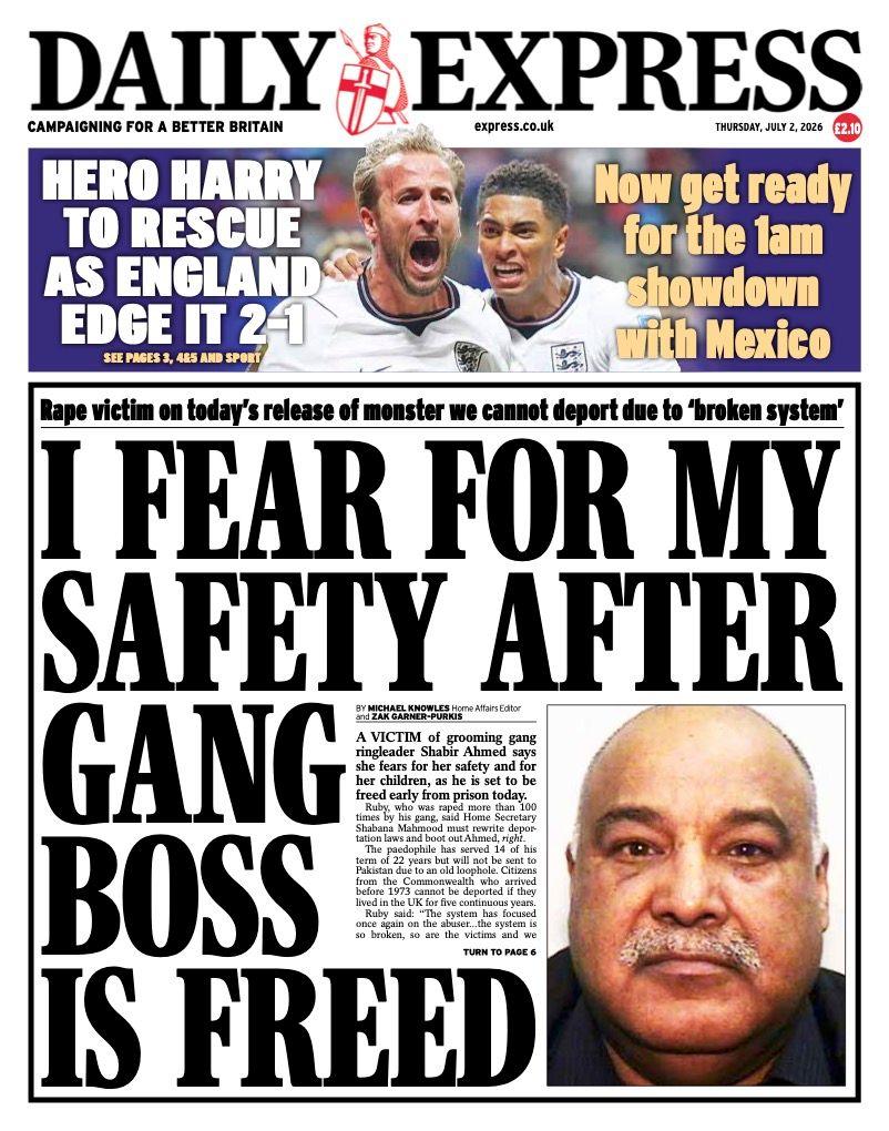 "I fear for my safety after gang boss is freed" reads the headline on the front page of the Daily Express.