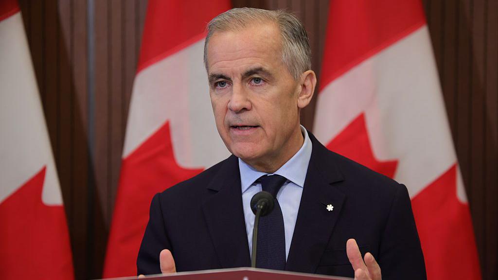 An image of PM Mark Carney wearing a suit, speaking at a podium. Behind him are three poles holding Canadian flags. He is photographed mid-speech. He has short black and grey hair.