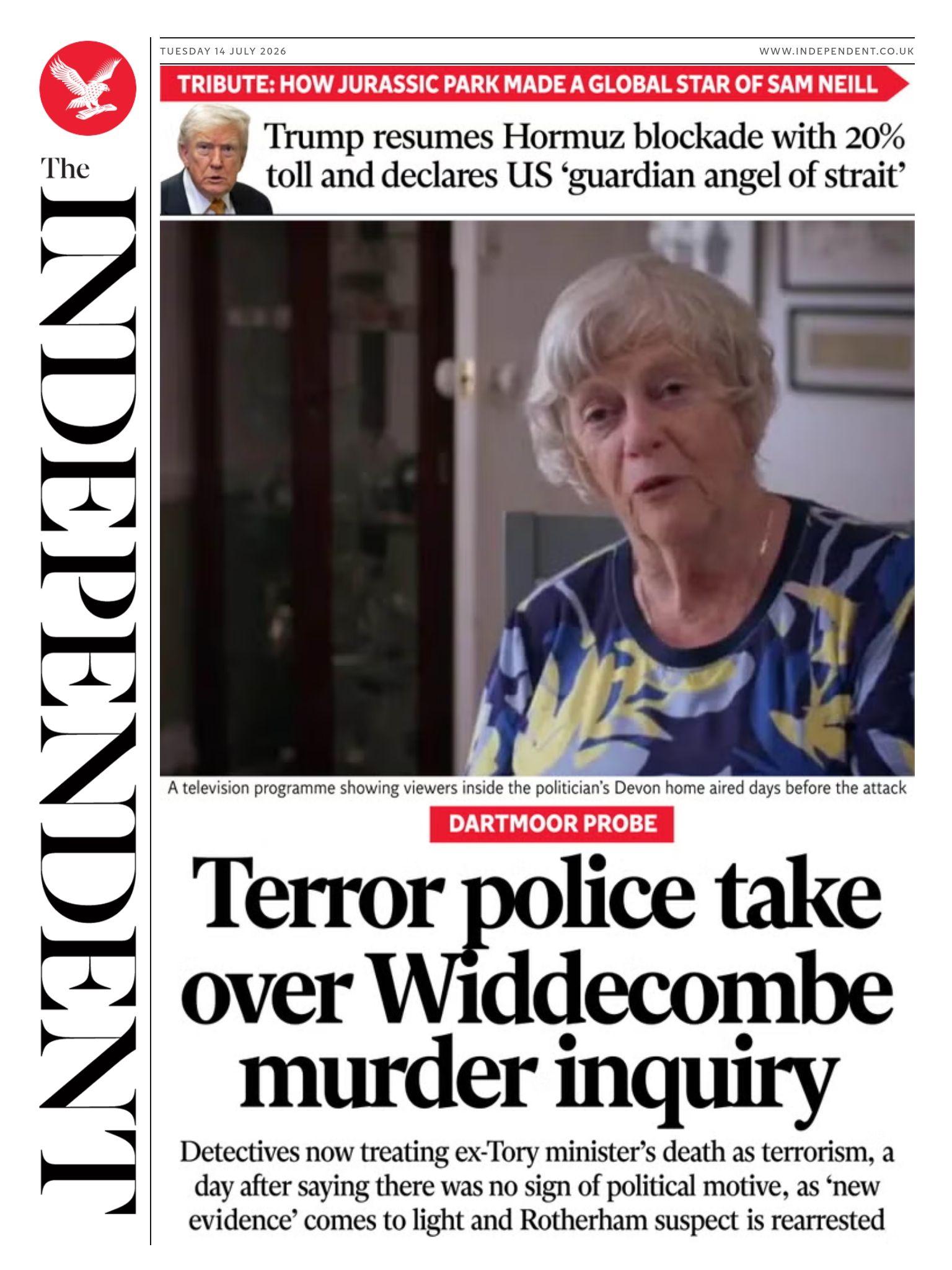 The headline on the front page of the Independent reads: “Terror police take over Widdecombe murder inquiry”.