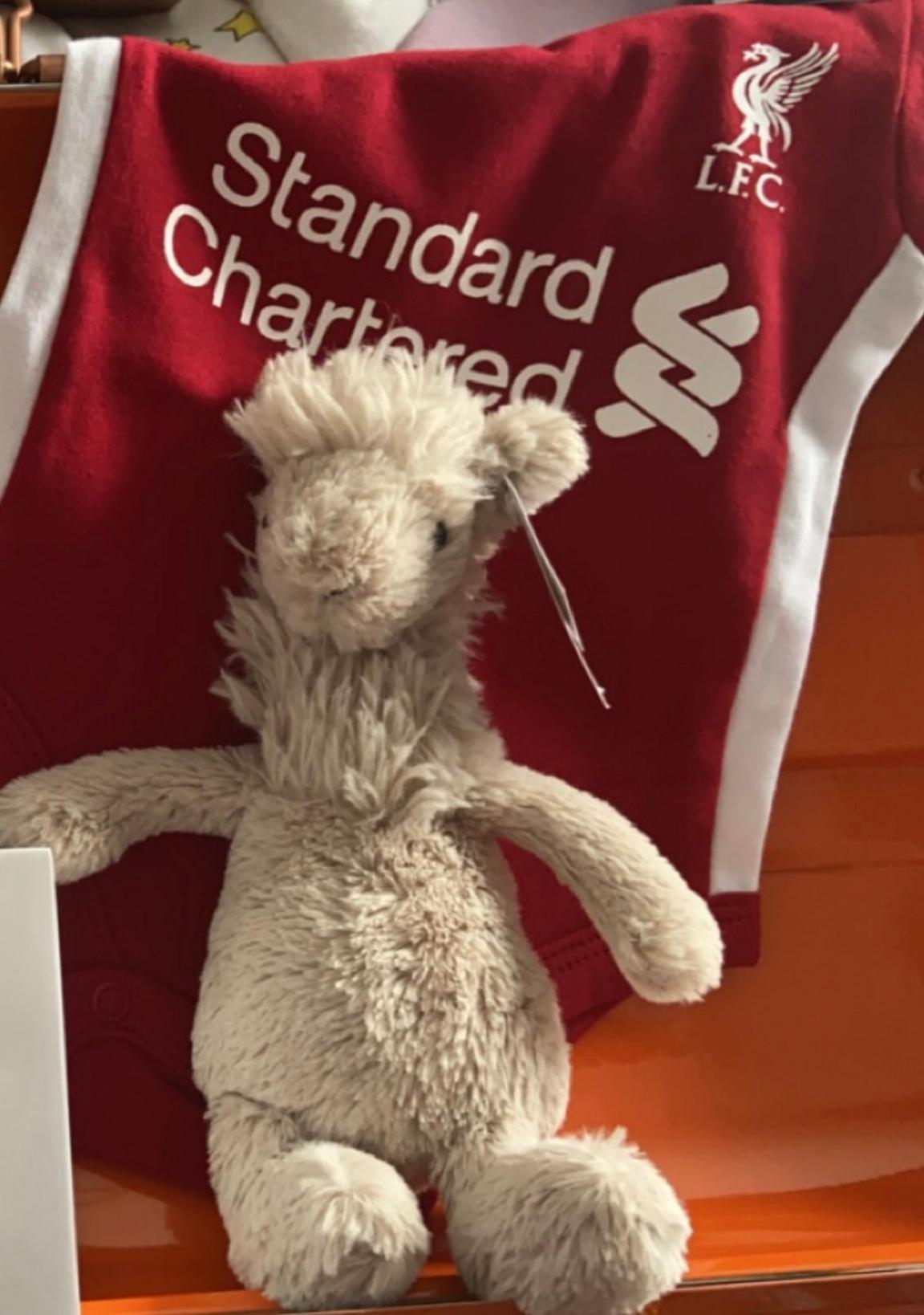 A soft, cream-coloured plush llama toy sits on an orange shelf in front of a red football shirt. The shirt features a white crest with the letters “L.F.C.” and the sponsor name “Standard Chartered” in large white lettering. The stuffed toy has long floppy legs, textured fur, and a tuft of hair on its head.