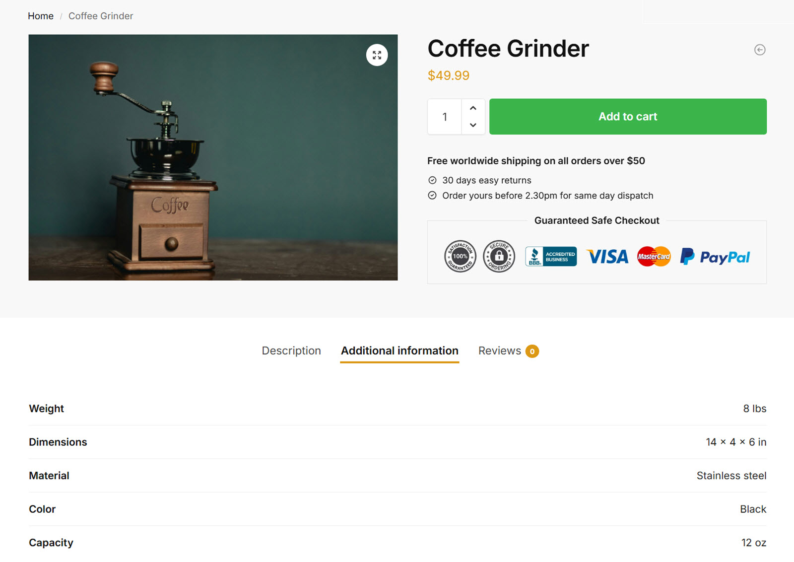 A WooCommerce coffee grinder product page showing an ‘Additional information’ table with weight, dimensions, material, color, and capacity.