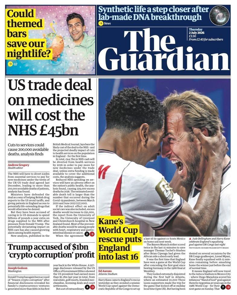 "US trade deal on medicines will cost the NHS £45bn" reads the headline on the front page of the Guardian.