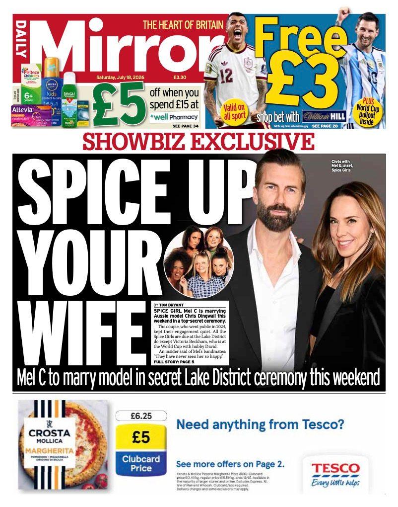 The headline on the front page of the Daily Mirror reads: 'Spice up your wife.'
