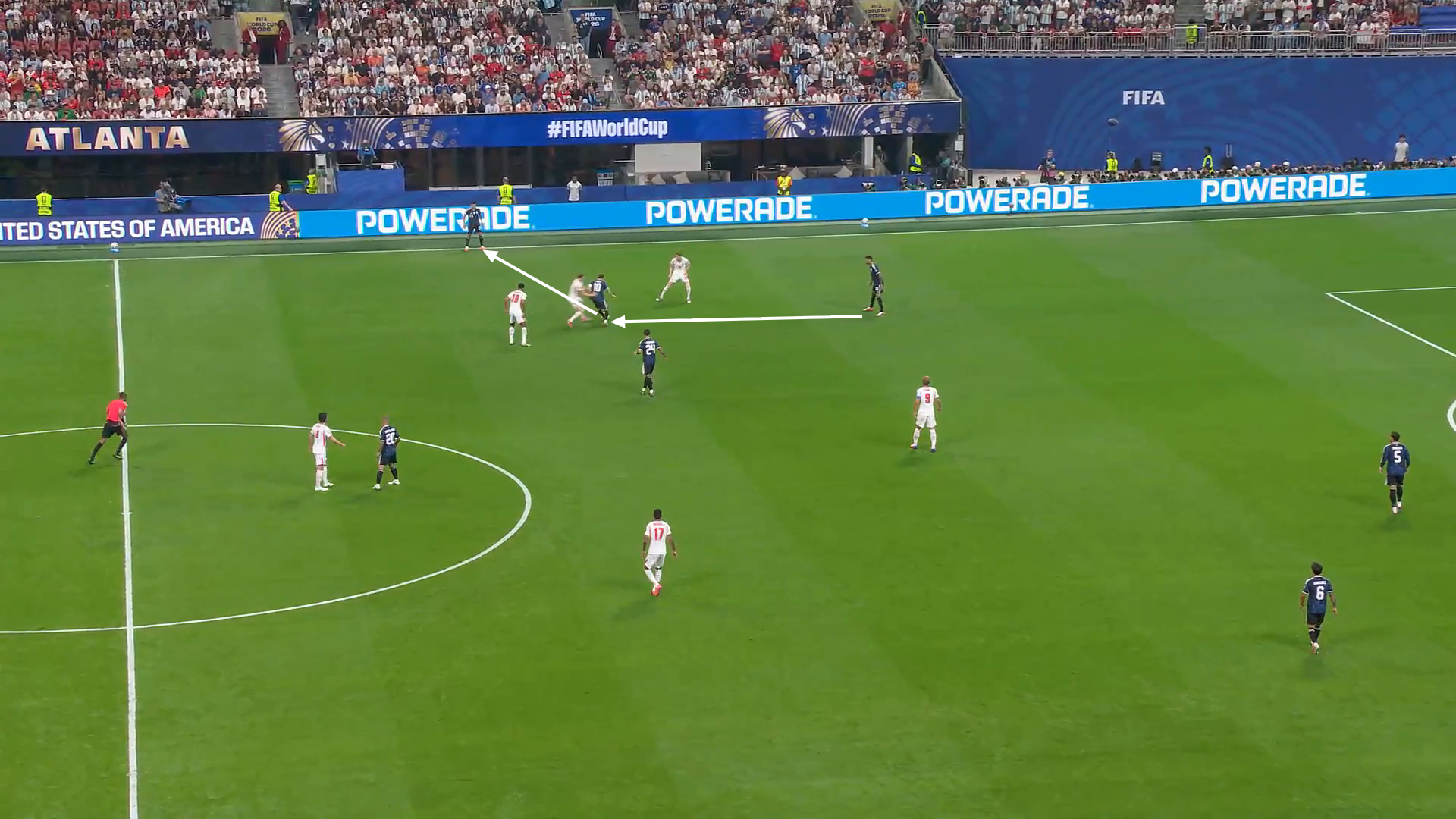 Screengrab from Argentina vs England showing Messi's press resistance and passing against Anderson