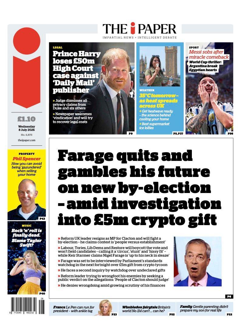 The headline on the front page of the i Paper reads: 'Farage quits and gambles his future on new by-election - amid investigation into £5m crypto gift.'