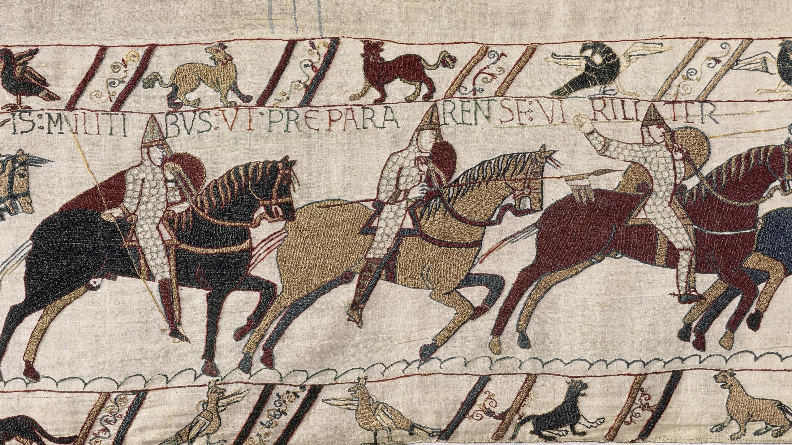 A scene showing men in horses from the 70-metre Bayeux Tapestry depicts the 1066 Norman invasion and Battle of Hastings, and is due to go on display in the Sainsbury Exhibitions Gallery at the British Museum