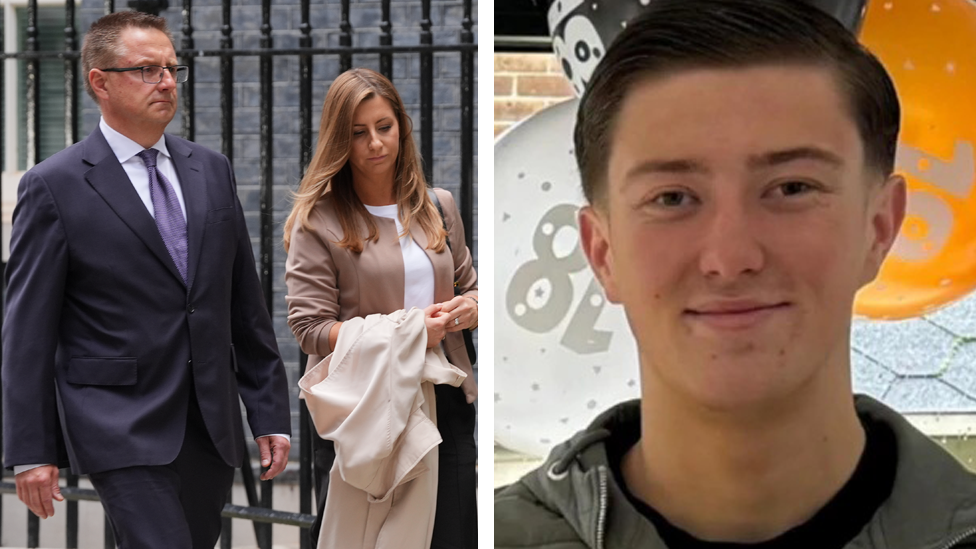 Mark Nowak wears a suit and Katie Woodcock wears a beige blazer as they walk in Downing Street. The other part of the composite image is of Henry Nowak smiling